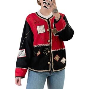 VTG Patchwork Embroidered Top Sz M Red Black Long Sleeve Funky Abstract Linen
